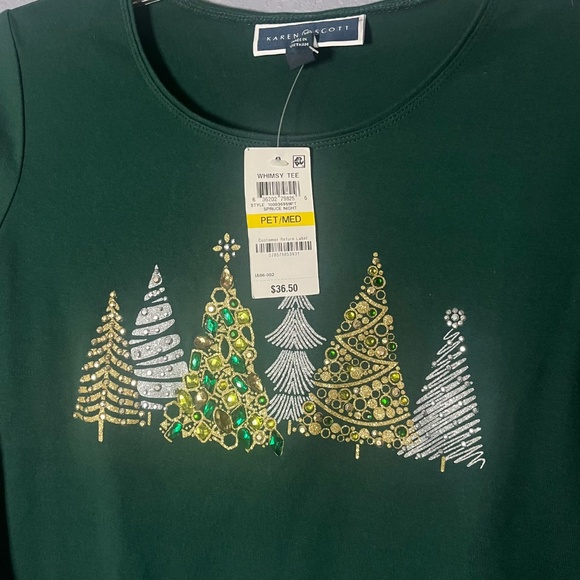 Karen Scott Whimsy Tee Women’s Petite Medium Spruce Night Christmas Trees Stones - Picture 3 of 10